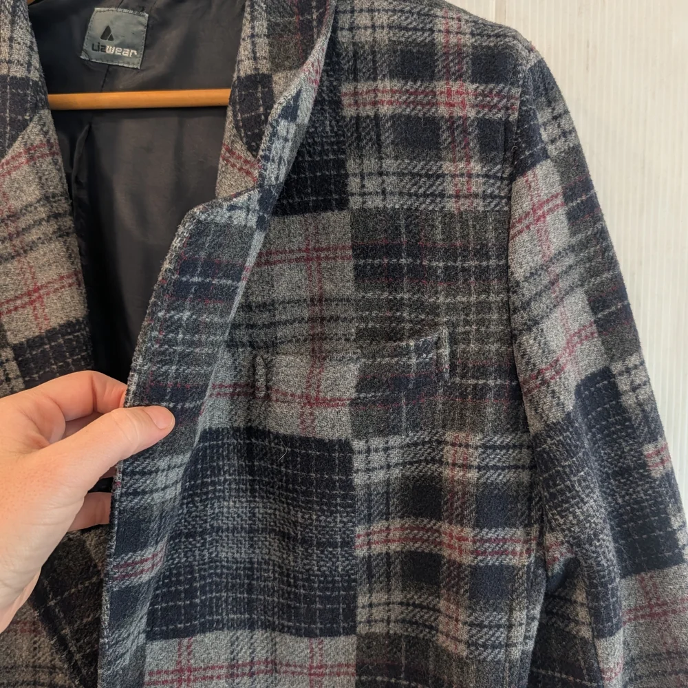 LIZ WEAR Navy & Gray Plaid Wool Blend Blazer Jacket Size 12